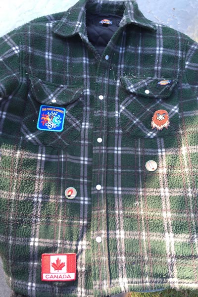 Steve's jacket with the Four Elements, Hawk LC, Knife, Match & Fire, and Canada patches.