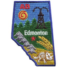 This patch is shaped like the province of Alberta and decorated with the Rocky Mountains, trees, wheat, fossils, and a derrick.