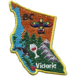 This badge is shaped like the province of British Columbia. It is decorated with BC symbols and its coastline.
