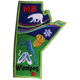 This crest is shaped like the province of Manitoba. Decorating it are the initials MB, a polar bear, the aurora Borealis, a snowflake, two loonie coins, a lake, a pair of slippers, and the capital Winnipeg.