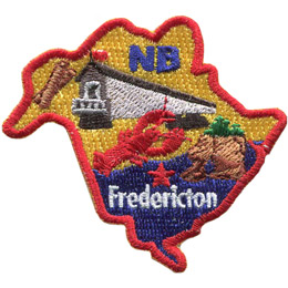 This crest is shaped like the province of New Brunswick. Decorating it are the initials NB, the Heartland Covered Bridge, a lobster, the coast, and the capital city Fredericton.
