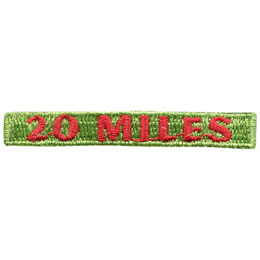 The words 20 Miles are stitched in red on a green background.