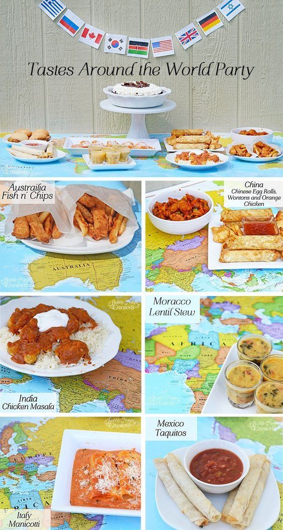 A collage of examples of dishes for your Tastes Around the World Party.