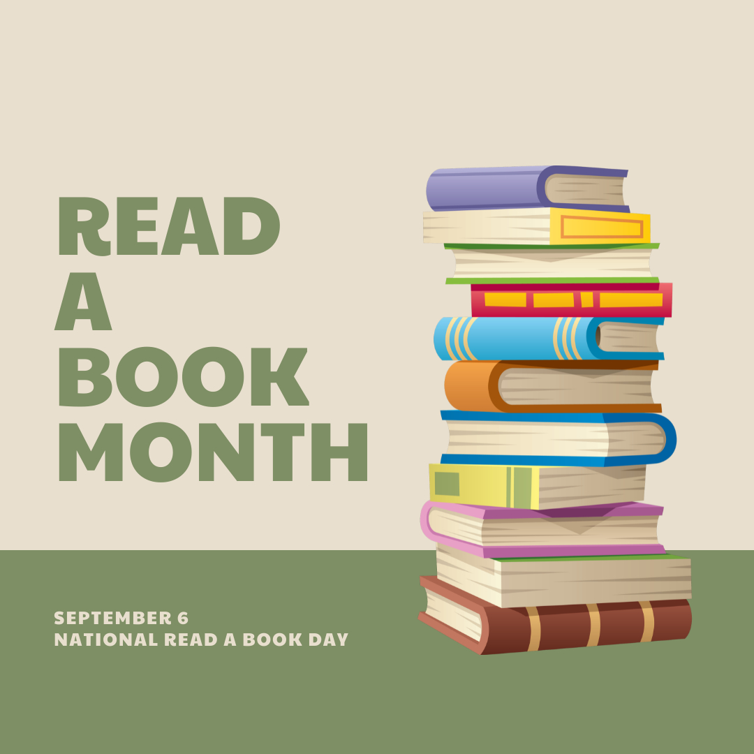 The top says Read A Book Month. The bottom says September 6th is national read a book day.