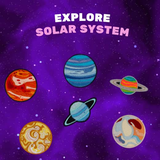 The words Lets Explore The Solar System are surrounded by planets.