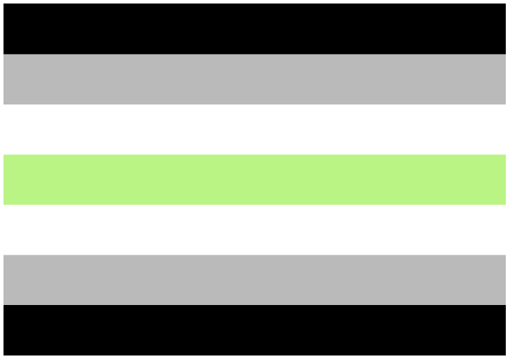 Seven horizontal bars make up the agender pride flag. The colours go black, grey, white, green, white, grey, and black.