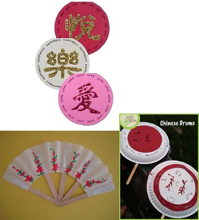 A collection of Chinese crafts, including a paper fan.
