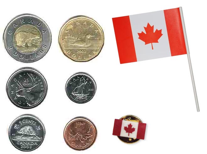 Canadian Cultural Exchange collage of a flag and coins.