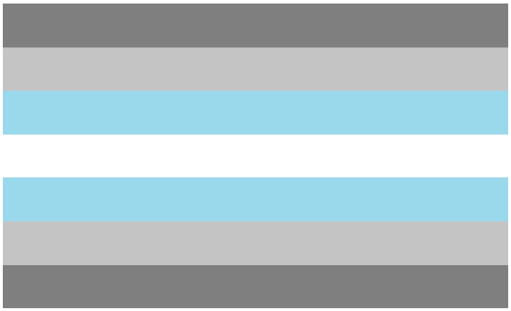 The demiboy pride flag is showcased using seven horizontal bars. The colours go dark grey, grey, blue, white, blue, grey, and dark grey.