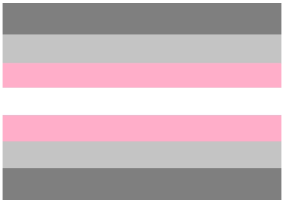 This seven horizontal bar rectangle depicts the demigirl pride flag. The colours go dark grey, grey, pink, white, pink, grey, and dark grey.