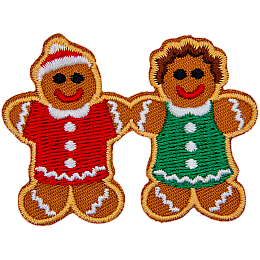 Two gingerbread people wearing red and green clothes.