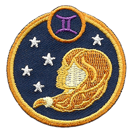 This circular crest has the side profile of two girls surrounded by stars. The sign of Gemini sits above his head.