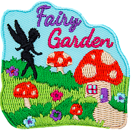The words Fairy Garden are above a fairy house and a fairy silhouette. 