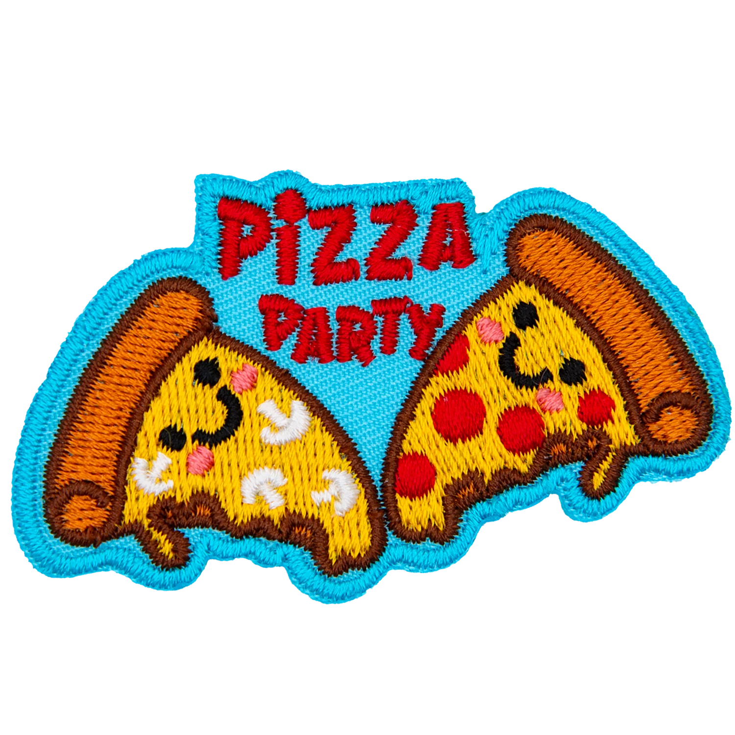Two slices of pizza with kawaii faces. The words Pizza Party are between them. 