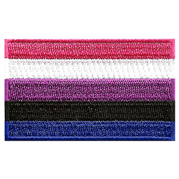 This gender fluid pride flag is made up of 5 horizontal bars. From top to bottom, the colours are pink, white, purple, black, and blue.