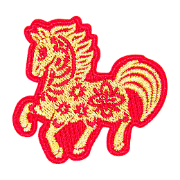 A gold horse with a red outline. 