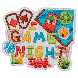 The words Game Night are surrounded by board game pieces and cards. 