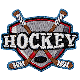 Two hockey sticks are behind the word Hockey.