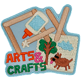 The words Arts and Crafts with some art supplies.