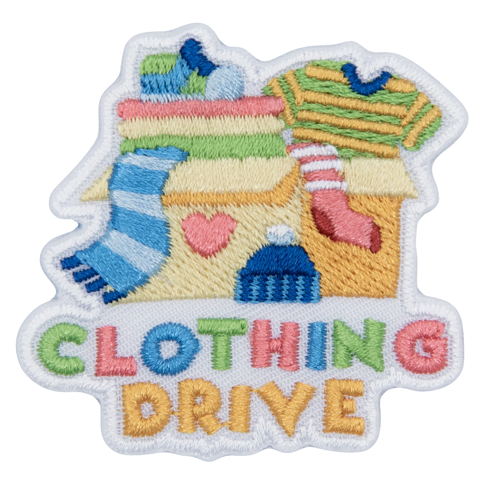The words Clothing Drive are beneath a box of clothes.