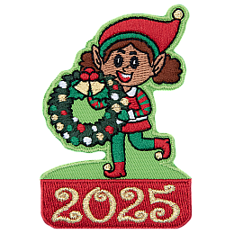 An elf holding a wreath above the numbers 2025.