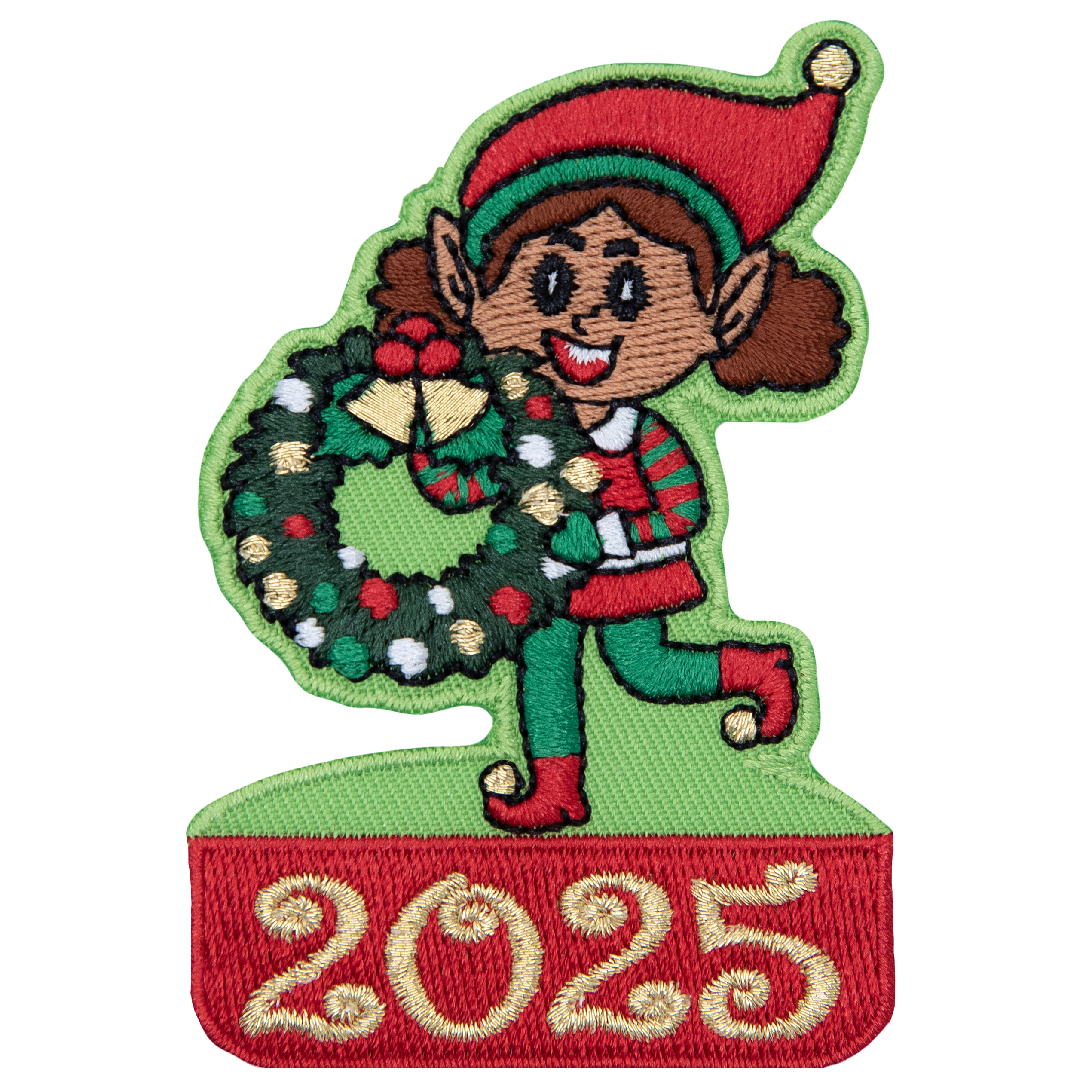 An elf holding a wreath above the numbers 2025.