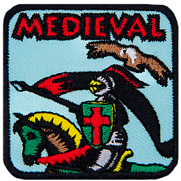 The word Medieval above a jousting knight. 