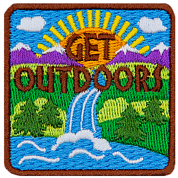 The words Get Outdoors are on a sunny mountain valley.