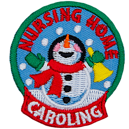 A snowperson holding a gold bell sings under the words Nursing Home Caroling.