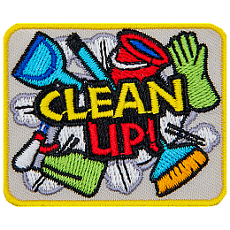 The words Clean Up! are surrounded by cleaning supplies.