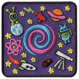 A blue and pink swirl is surrounded by different science tools. There is a rocket, an alien and even a ray gun.