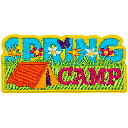 The words Spring Camp and an orange tent. 