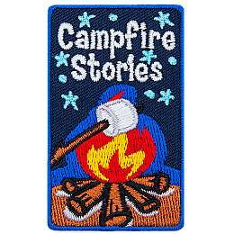 The words Campfire Stories above a campfire and roasting marshmallow.
