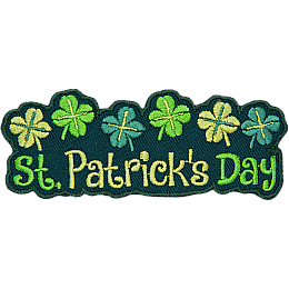 The words St. Patricks Day underneath four-leafed clovers. 