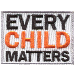 The words Every Child Matters in black and orange on a square patch.