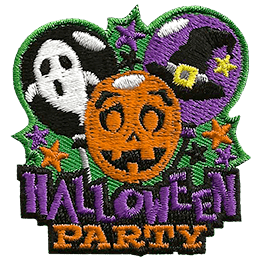 Halloween themed balloons are above the words Halloween Party.
