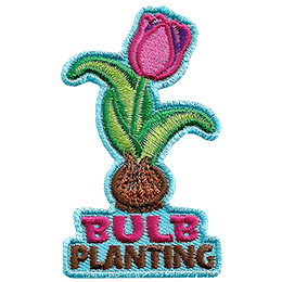 A tulip blooms out of a bulb above the words Bulb Planting.