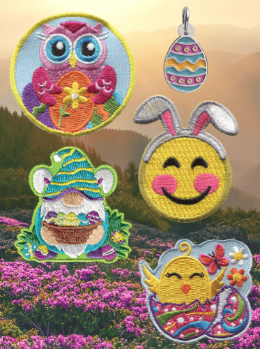 A collection of Easter patches from E-Patches and Crests' store on a flowery meadow background.