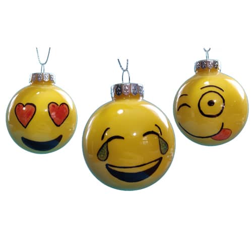 Ornaments decorated like emojis.