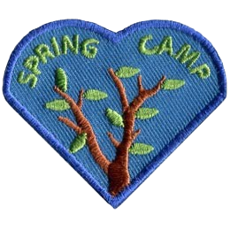A branch with green leaves on it below the words Spring Camp.