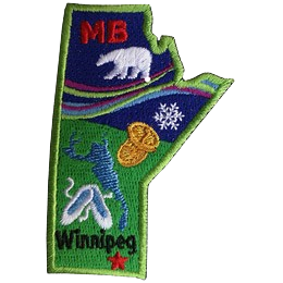 This crest is shaped like the province of Manitoba. Decorating it are the initials MB, a polar bear, the aurora Borealis, a snowflake, two loonie coin