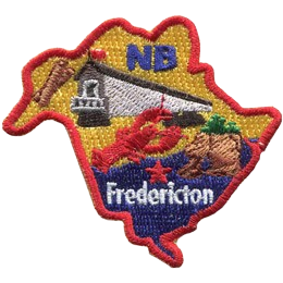 This crest is shaped like the province of New Brunswick. Decorating it are the initials NB, the Heartland Covered Bridge, a lobster, the coast, and th