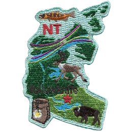 This patch is shaped like the Northwest Territories, decorated with an Arctic Grayling fish, the aurora borealis, a caribou, a mountain avens flower, 