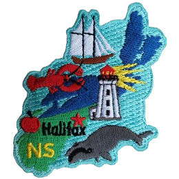 This crest is shaped like the province of Nova Scotia. Decorating it are the initials NS, a lobster, a lighthouse, an apple, a whale, a sailing ship, 
