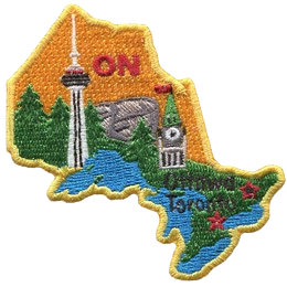 This patch is in the shape of the Canadian province of Ontario decorated by the Canadian Shield, a forest, a great lake, the parliament building and t