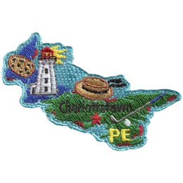 This patch is in the shape of the Canadian province of Prince Edward Island. A potato, lighthouse, wide-brim straw hat, and golf club are all displaye