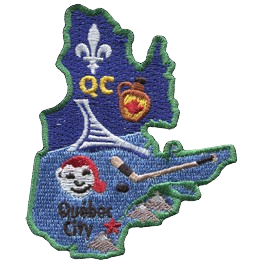 This patch is in the shape of the Canadian province of Quebec. From top to bottom, the Flue-de-lis, a jug of maple syrup, hockey stick and puck, Bonho
