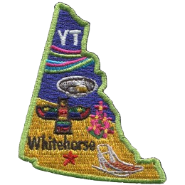 This patch is in the shape of the Canadian territory of Yukon, with the following symbols; the aurora borealis, gold panning, a totem pole, a dog sled