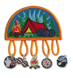 A patch depicting camping scene with five loops for charms.