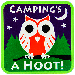 The words Campings A Hoot surround an orange owl. 